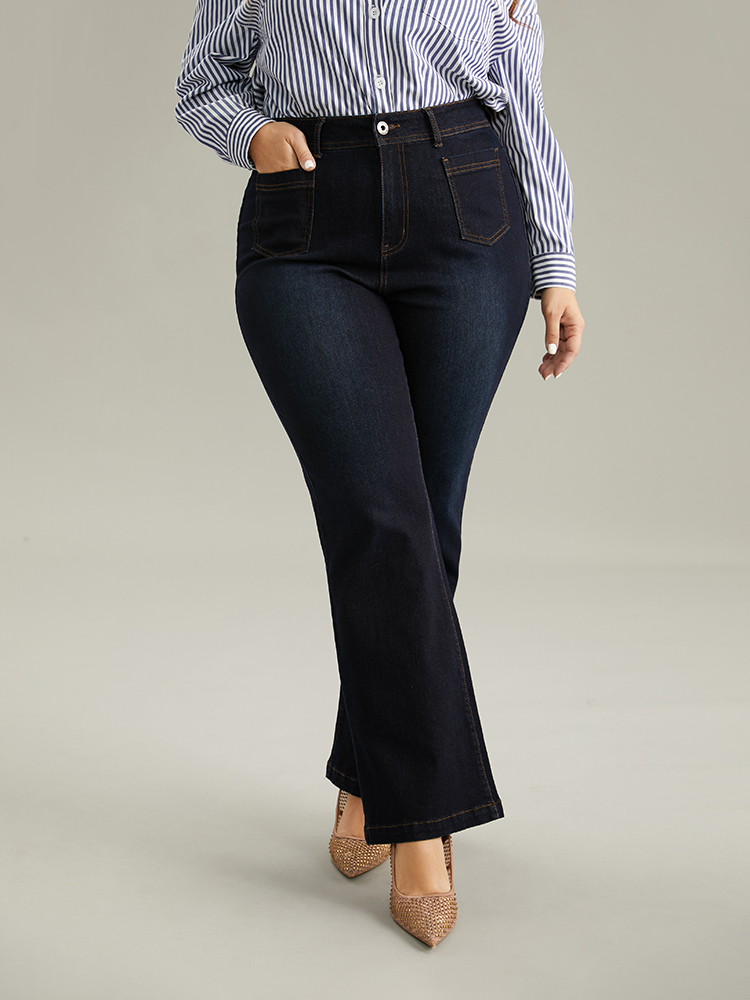 Plus Size Women Dailywear Plain High stretch Straight Leg Dark Wash Casual Jeans BloomChic 