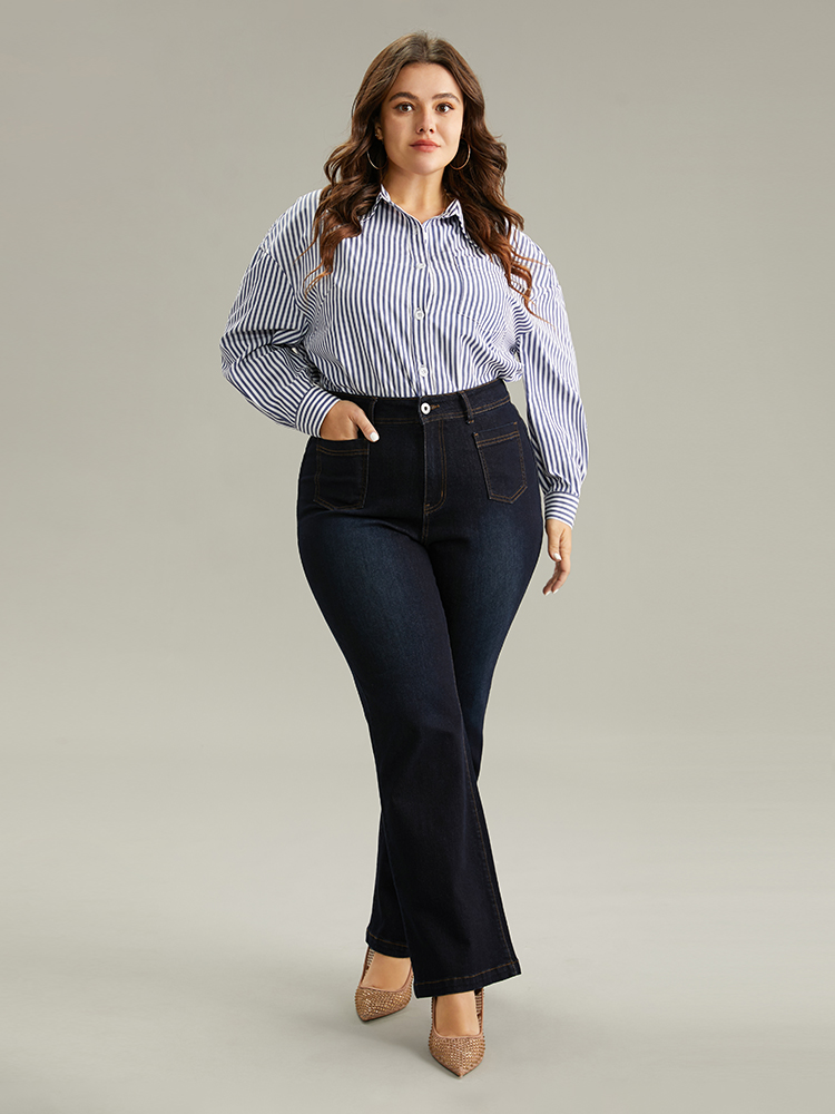 

Plus Size Straight Leg Dark Wash Patched Pocket Jeans Women Midnight Casual Plain Plain High stretch Pocket Jeans BloomChic