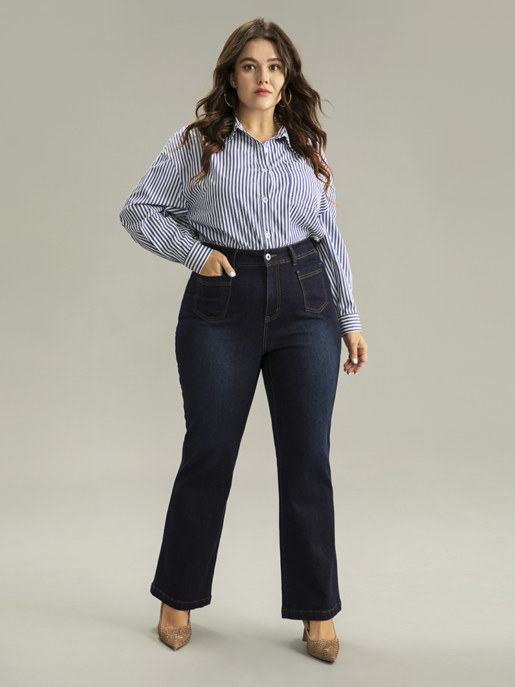 Plus Size Women Dailywear Plain High stretch Straight Leg Dark Wash Casual Jeans BloomChic 