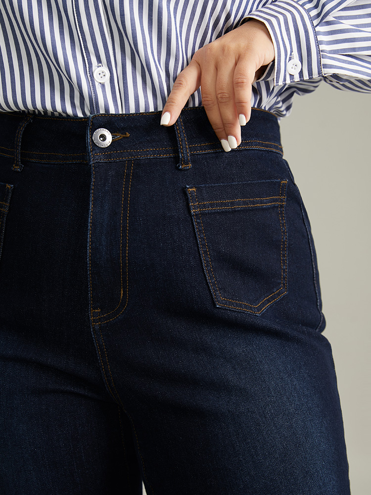 Plus Size Women Dailywear Plain High stretch Straight Leg Dark Wash Casual Jeans BloomChic 