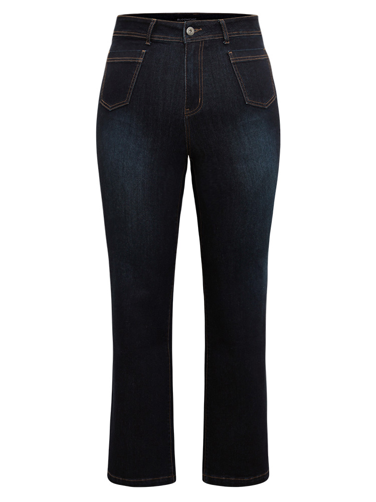 Plus Size Women Dailywear Plain High stretch Straight Leg Dark Wash Casual Jeans BloomChic 