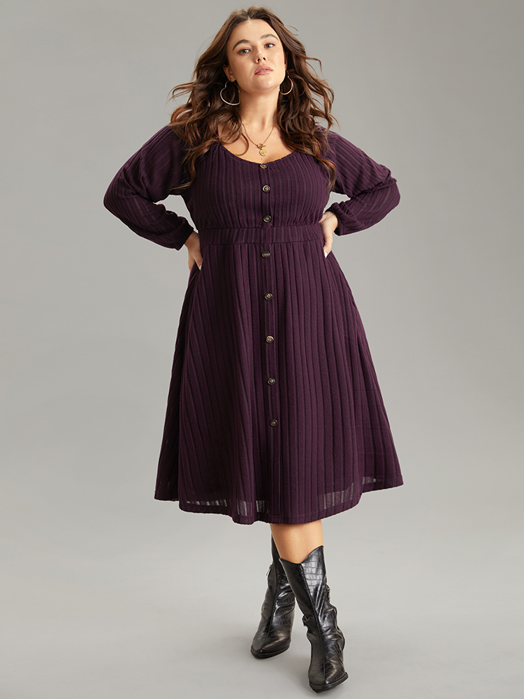 

Plus Size Solid Rib Knit Gathered Scoop Neck Dress Purple Women Basics Elastic cuffs Scoop Neck Long Sleeve Curvy Midi Dress BloomChic