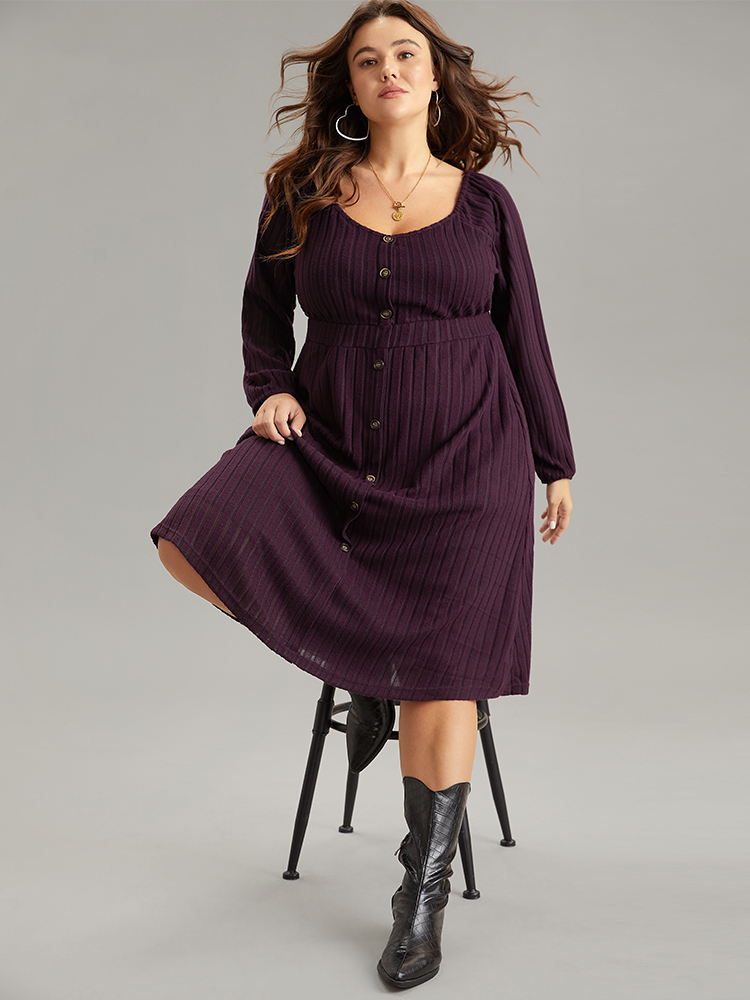 

Plus Size Solid Rib Knit Gathered Scoop Neck Dress Purple Women Basics Elastic cuffs Scoop Neck Long Sleeve Curvy Midi Dress BloomChic