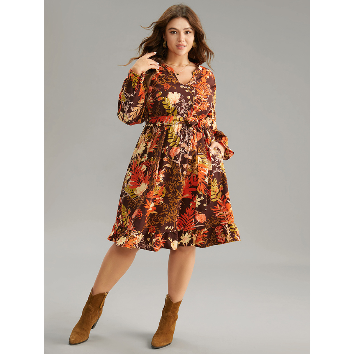 

Plus Size Floral Belted Notched Lantern Sleeve Ruffles Dress Burgundy Women Belted Notched collar Long Sleeve Curvy Midi Dress BloomChic