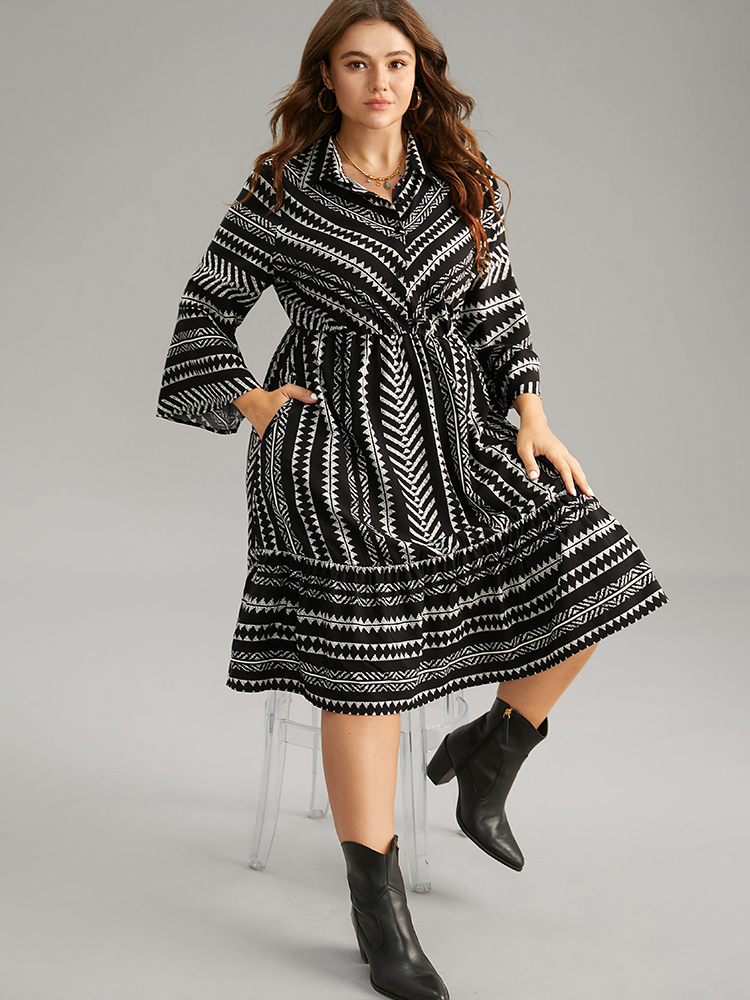 

Plus Size Bandana Striped Bell Sleeve Shirt Collar Dress Black Women Casual Printed Shirt collar Elbow-length sleeve Curvy Midi Dress BloomChic