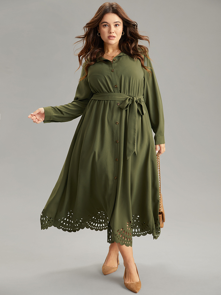 

Plus Size Plain Laser Cut Button Through Belted Dress ArmyGreen Women Plain Shirt collar Long Sleeve Curvy Midi Dress BloomChic