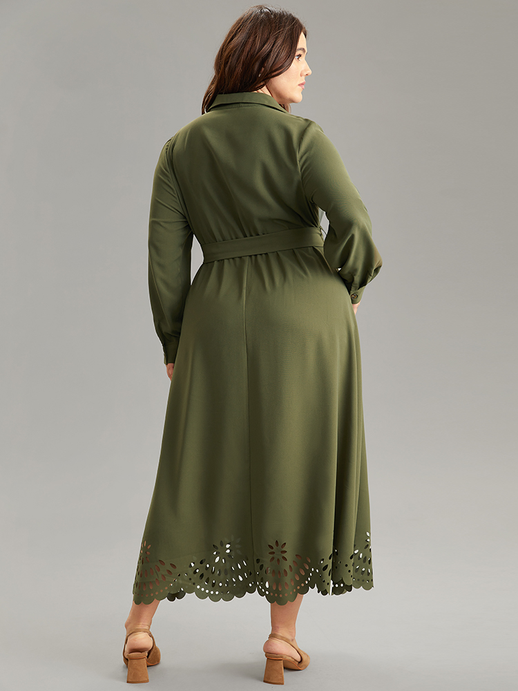 Plus Size Women Work Plain Plain Regular Sleeve Long Sleeve Shirt collar Pocket Belt Office Dresses BloomChic 