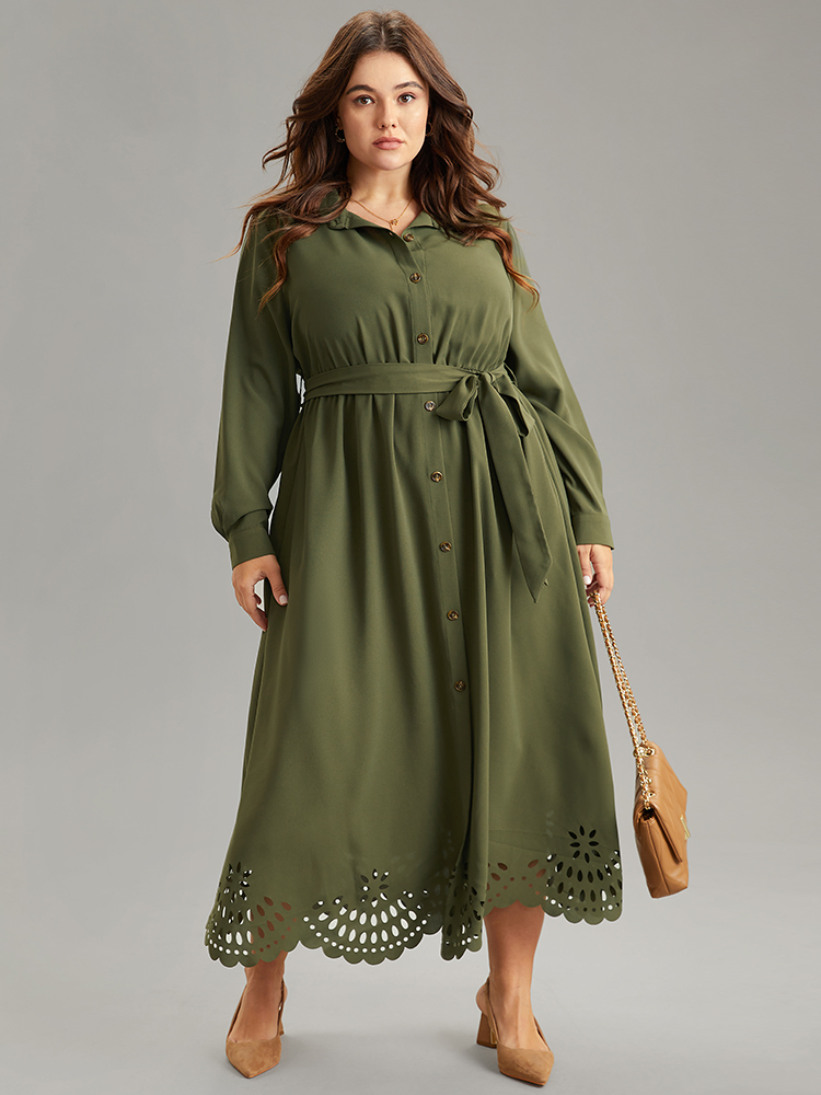 Plus Size Women Work Plain Plain Regular Sleeve Long Sleeve Shirt collar Pocket Belt Office Dresses BloomChic 