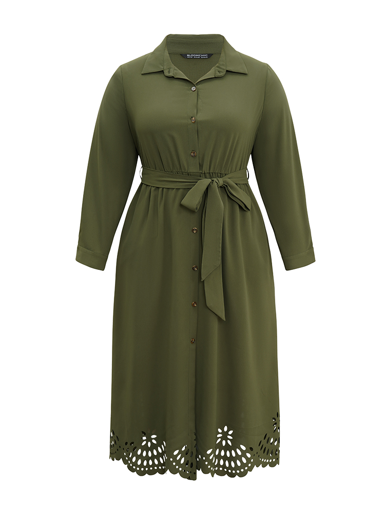 Plus Size Women Work Plain Plain Regular Sleeve Long Sleeve Shirt collar Pocket Belt Office Dresses BloomChic 