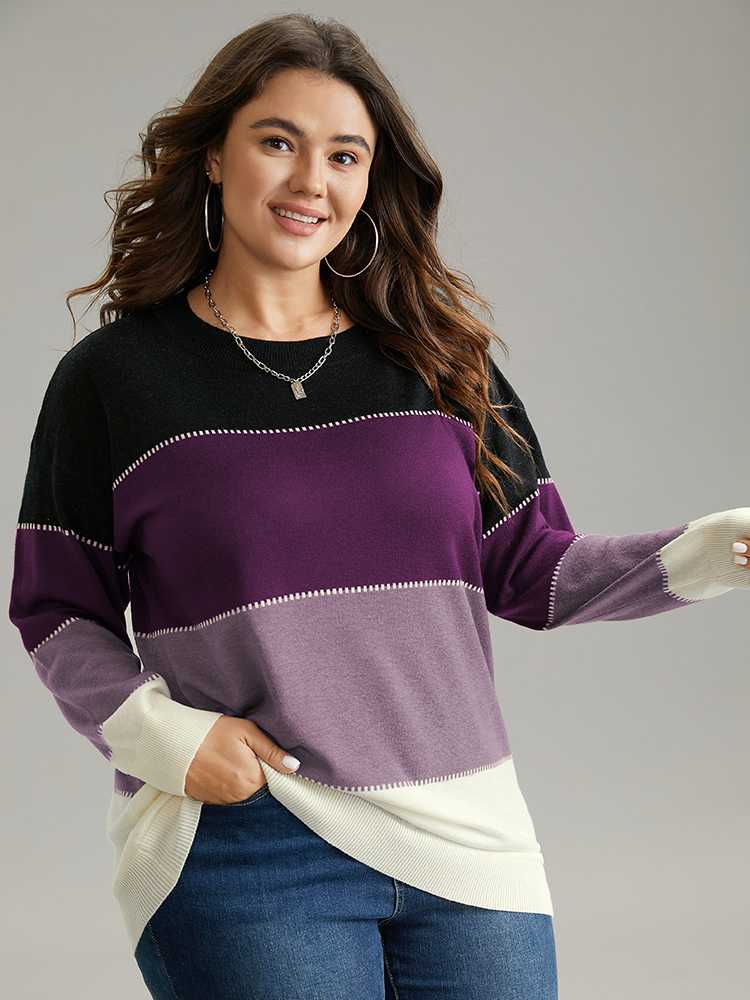 

Plus Size Supersoft Essentials Colorblock Contrast Round Neck Pullover Purple Women Casual Loose Long Sleeve Round Neck Everyday Pullovers BloomChic