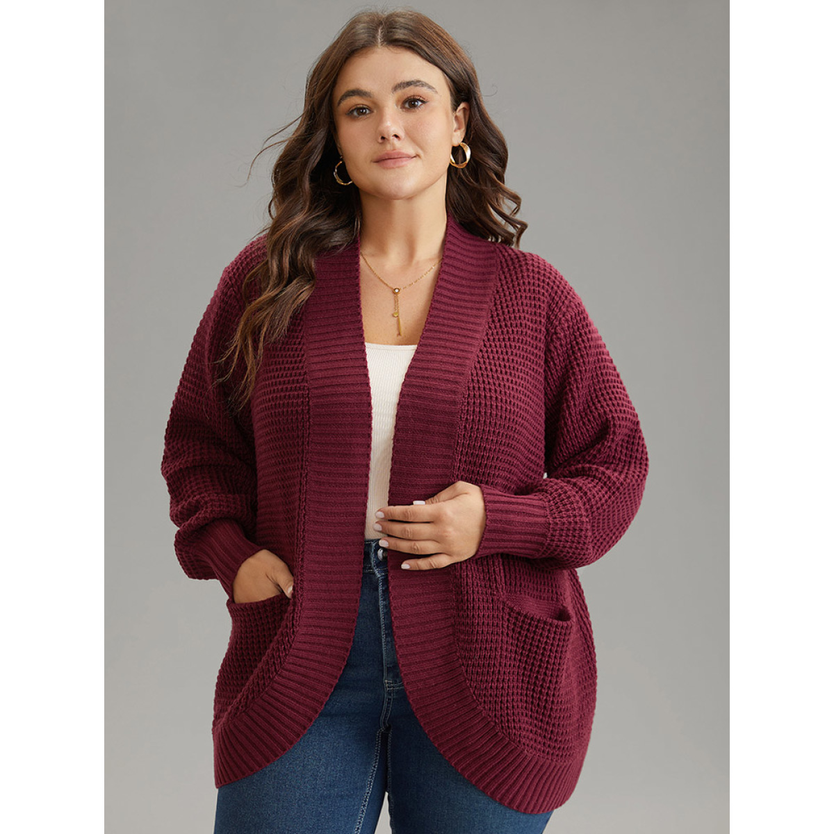 

Plus Size Plisse Patched Pocket Curved Hem Open Front Cardigan Burgundy Women Casual Loose Long Sleeve Everyday Cardigans BloomChic