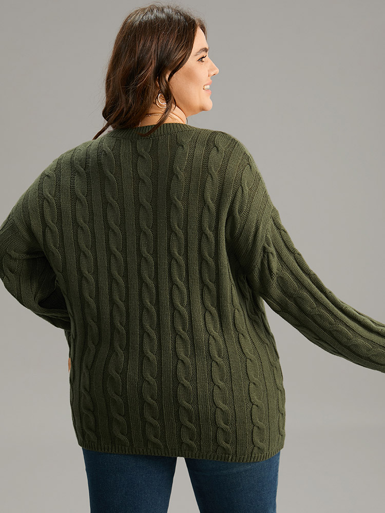 

Plus Size Drop Shoulder Cable Knit Solid Pullover ArmyGreen Women Casual Loose Long Sleeve V-neck Everyday Pullovers BloomChic