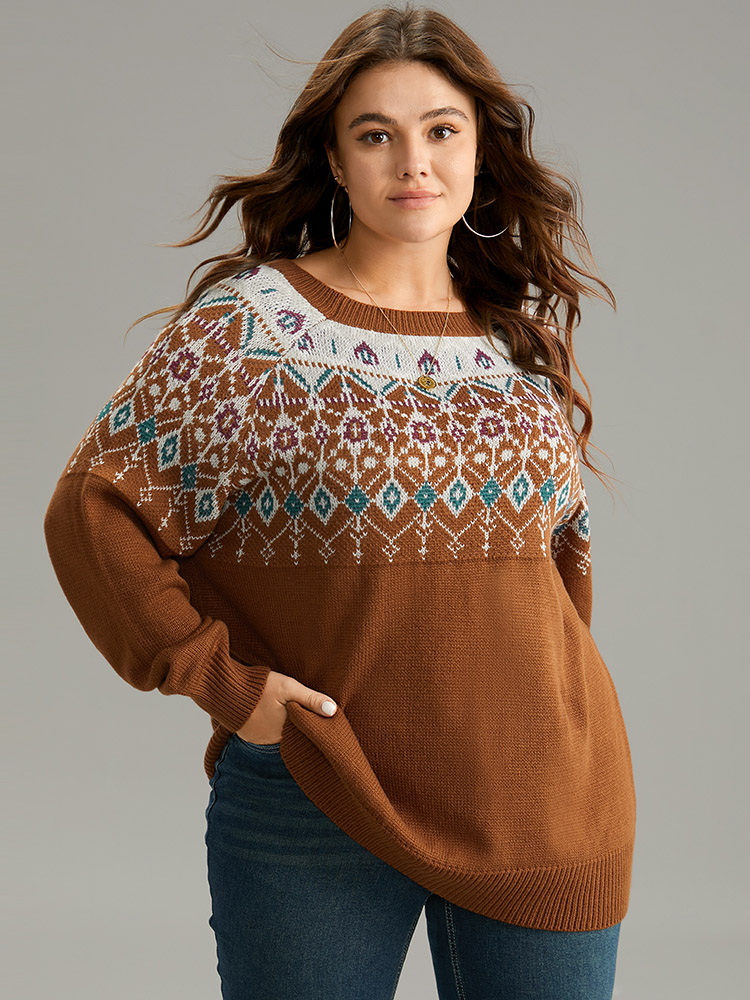 

Plus Size Moroccan Print Raglan Sleeve Elastic Cuffs Pullover Chocolate Women Casual Loose Long Sleeve Round Neck Dailywear Pullovers BloomChic