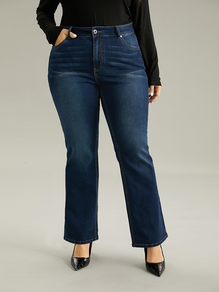 Plus Size Women Dailywear Plain High stretch Straight Leg Dark Wash Casual Jeans BloomChic 
