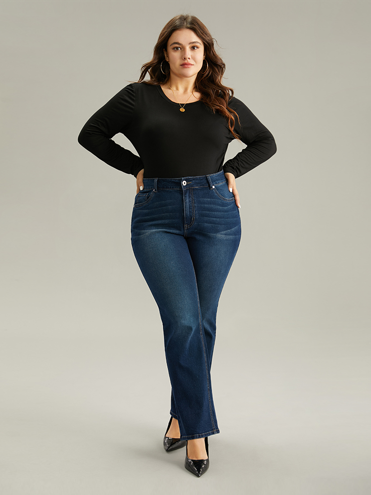 Plus Size Women Dailywear Plain High stretch Straight Leg Dark Wash Casual Jeans BloomChic 