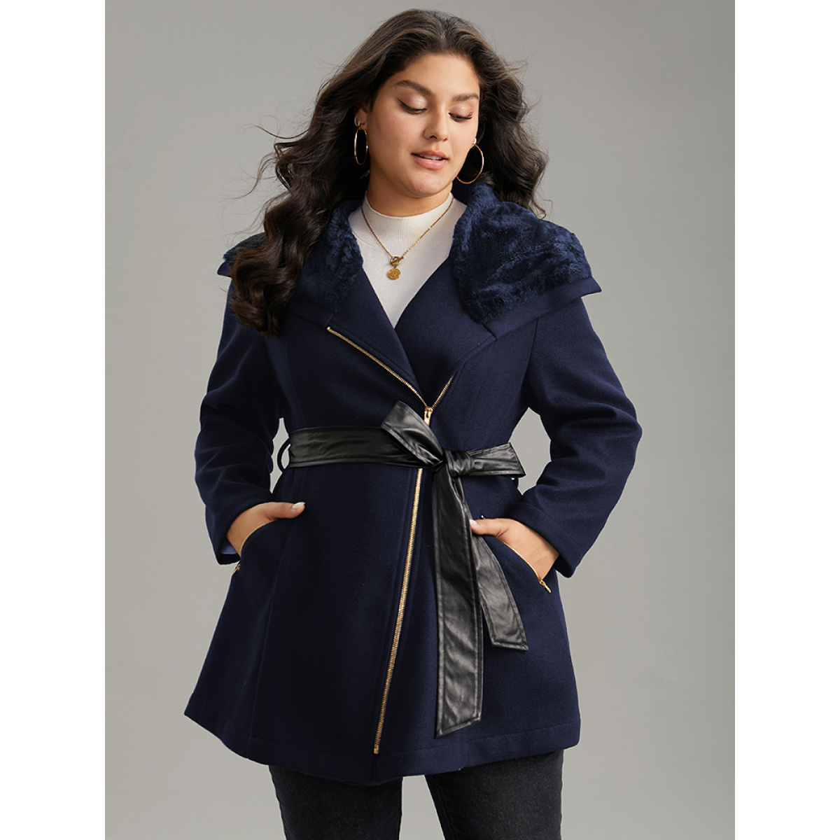 

Plus Size Solid Zipper Belted PU Leather Knot Fuzzy Trim Coat Women Indigo Casual Plain Ladies Dailywear Winter Coats BloomChic