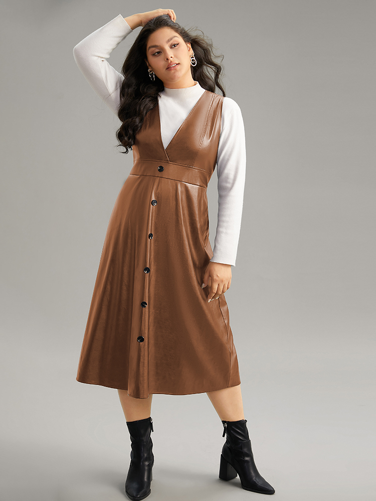 

Plus Size PU Leather Sleeveless Button Detail Dress Chocolate Women Office Plain V-neck Sleeveless Curvy Midi Dress BloomChic