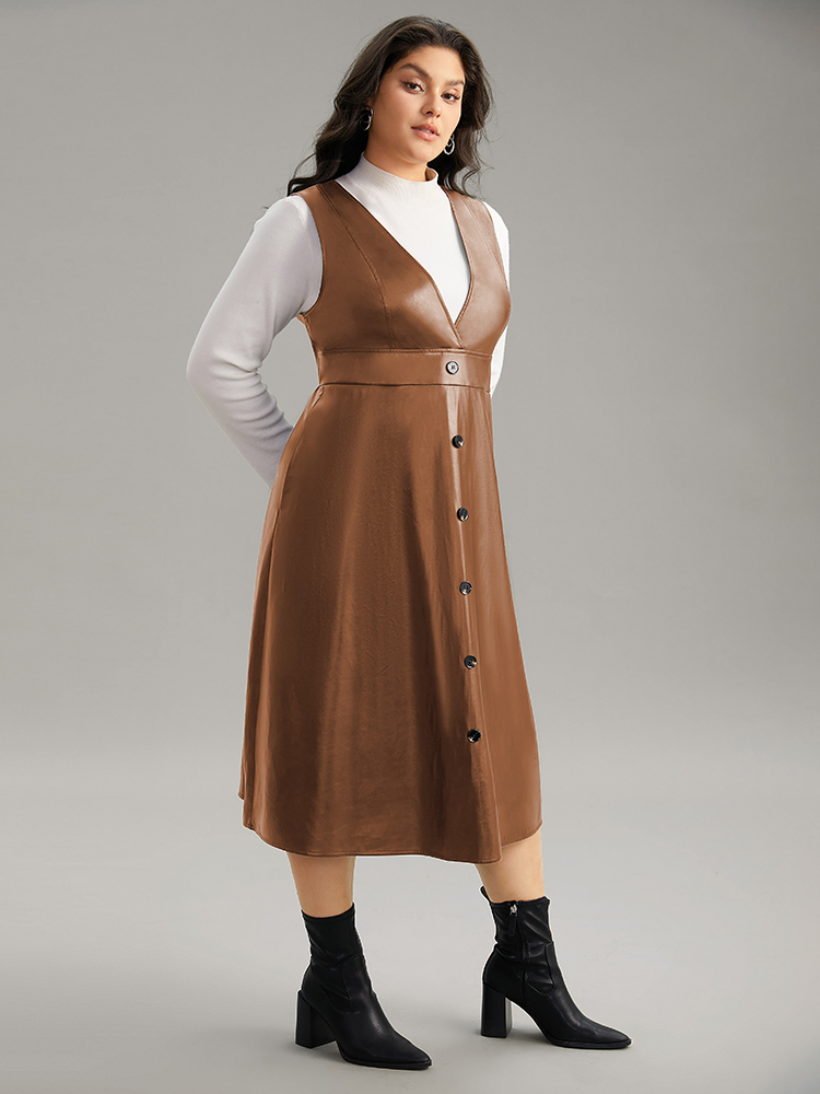 Plus Size PU Leather Sleeveless Button Detail Dress Chocolate Women Office Plain V-neck Sleeveless Curvy Midi Dress BloomChic 14-16/1X 