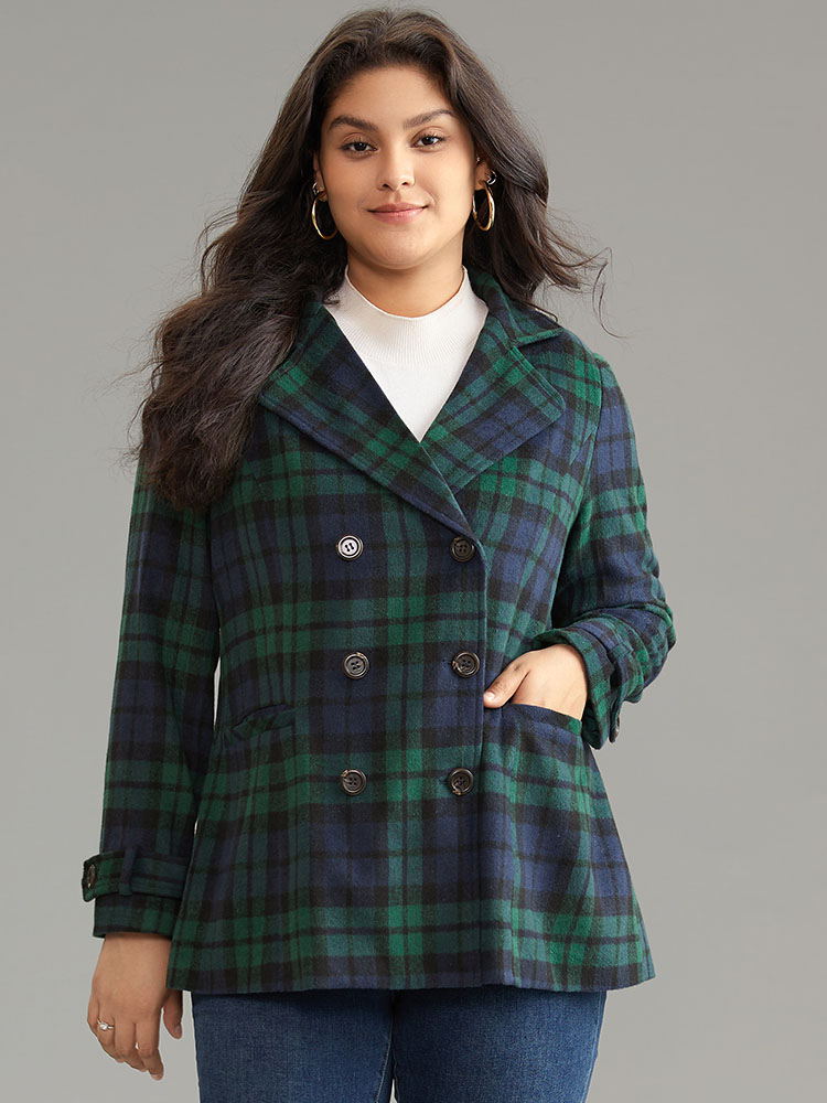 

Plus Size Patched Pocket Plaid Double Breasted Coat Women DarkGreen Casual Lined Ladies Dailywear Winter Coats BloomChic