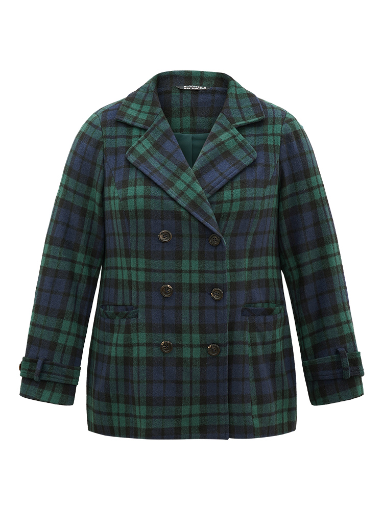 

Plus Size Patched Pocket Plaid Double Breasted Coat Women DarkGreen Casual Lined Ladies Dailywear Winter Coats BloomChic