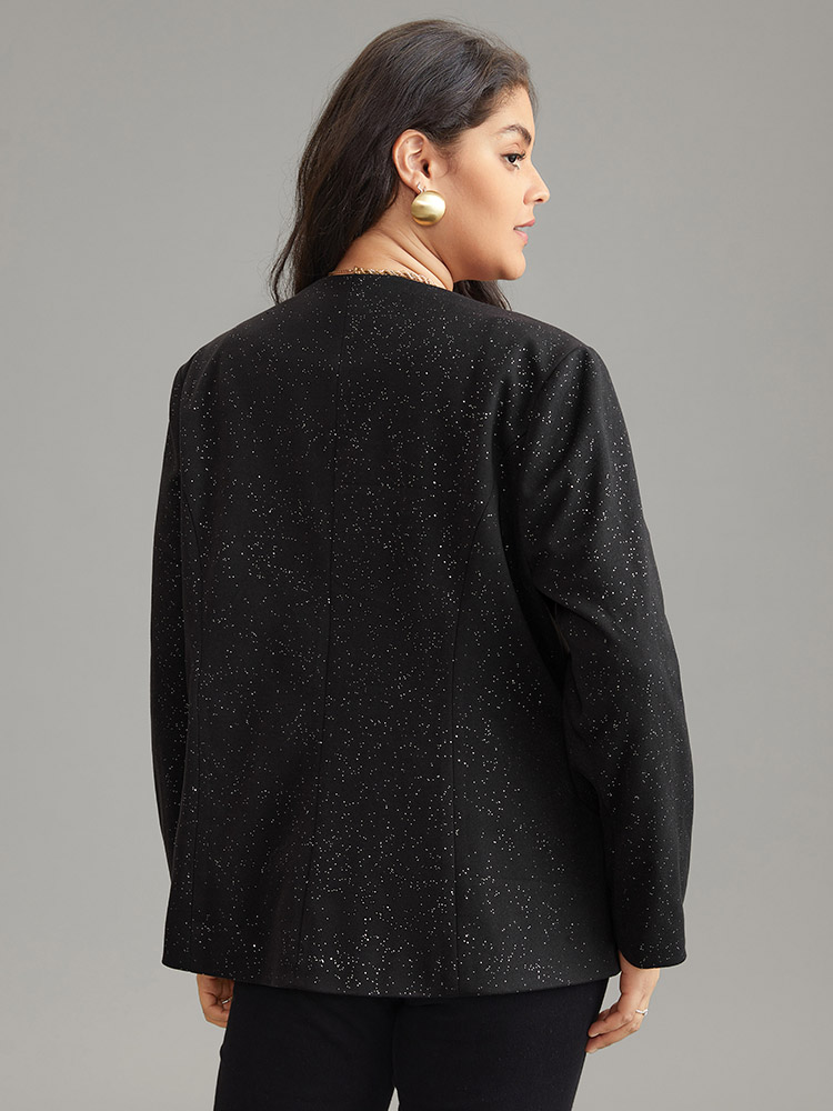 

Plus Size Glitter Flap Pocket Button Down Blazer Black Women Dailywear Plain Lined Sleeve Long Sleeve Suit Collar  Pocket Casual Blazers BloomChic