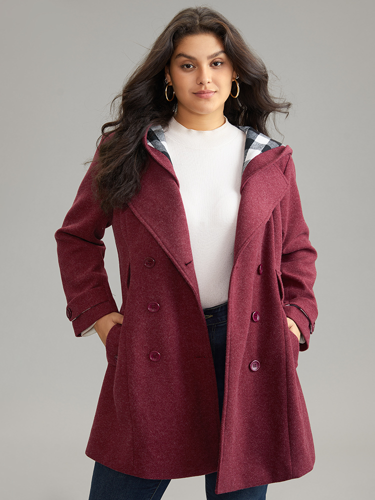 

Plus Size Plaid Patchwork Double Breasted Belted Hooded Coat Women Burgundy Casual Lined Ladies Dailywear Winter Coats BloomChic