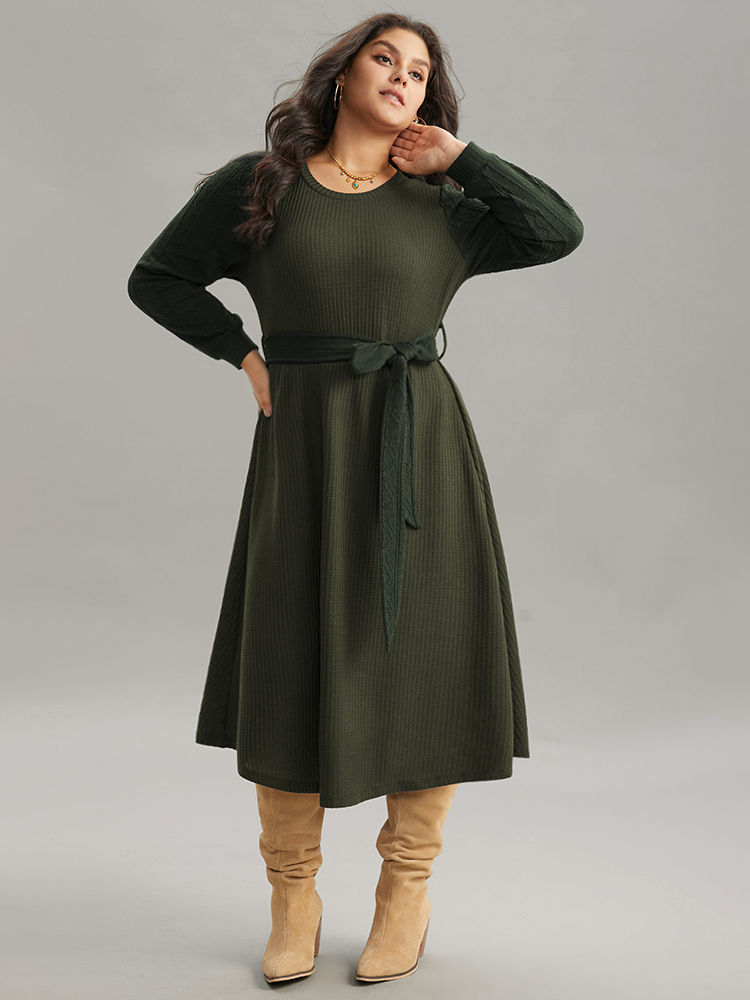 

Plus Size Solid Waffle Knit Round Neck Belted Dress ArmyGreen Women Casual Texture Round Neck Long Sleeve Curvy Midi Dress BloomChic