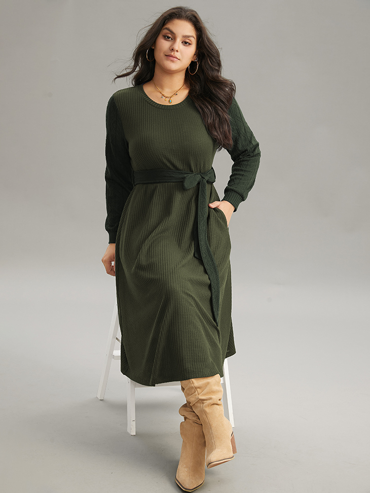 

Plus Size Solid Waffle Knit Round Neck Belted Dress ArmyGreen Women Casual Texture Round Neck Long Sleeve Curvy Midi Dress BloomChic