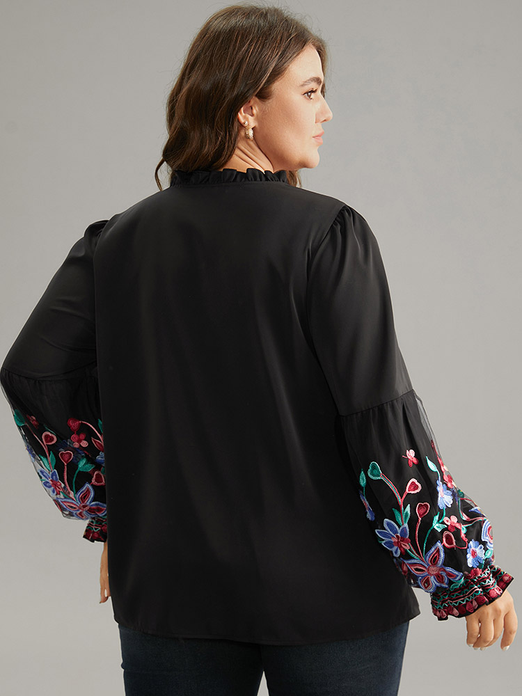 Plus Size Black Floral Embroidered Mesh Tie Neck Ruffles Blouse Women Elegant Long Sleeve Tie Neck Party Blouses BloomChic 18-20/2X 
