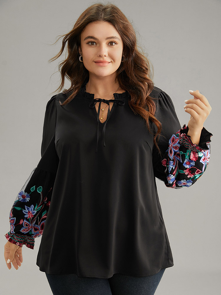Plus Size Black Floral Embroidered Mesh Tie Neck Ruffles Blouse Women Elegant Long Sleeve Tie Neck Party Blouses BloomChic 18-20/2X 