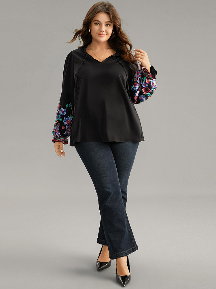 

Plus Size Black Floral Embroidered Mesh Tie Neck Ruffles Blouse Women Elegant Long Sleeve Tie Neck Party Blouses BloomChic