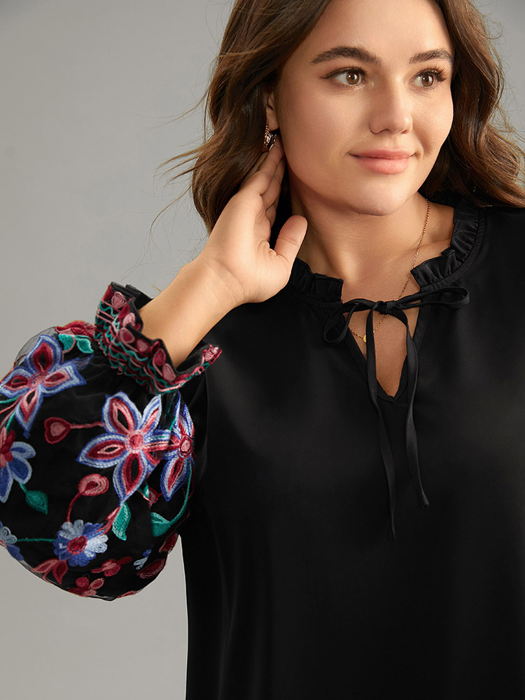 Plus Size Black Floral Embroidered Mesh Tie Neck Ruffles Blouse Women Elegant Long Sleeve Tie Neck Party Blouses BloomChic 18-20/2X 