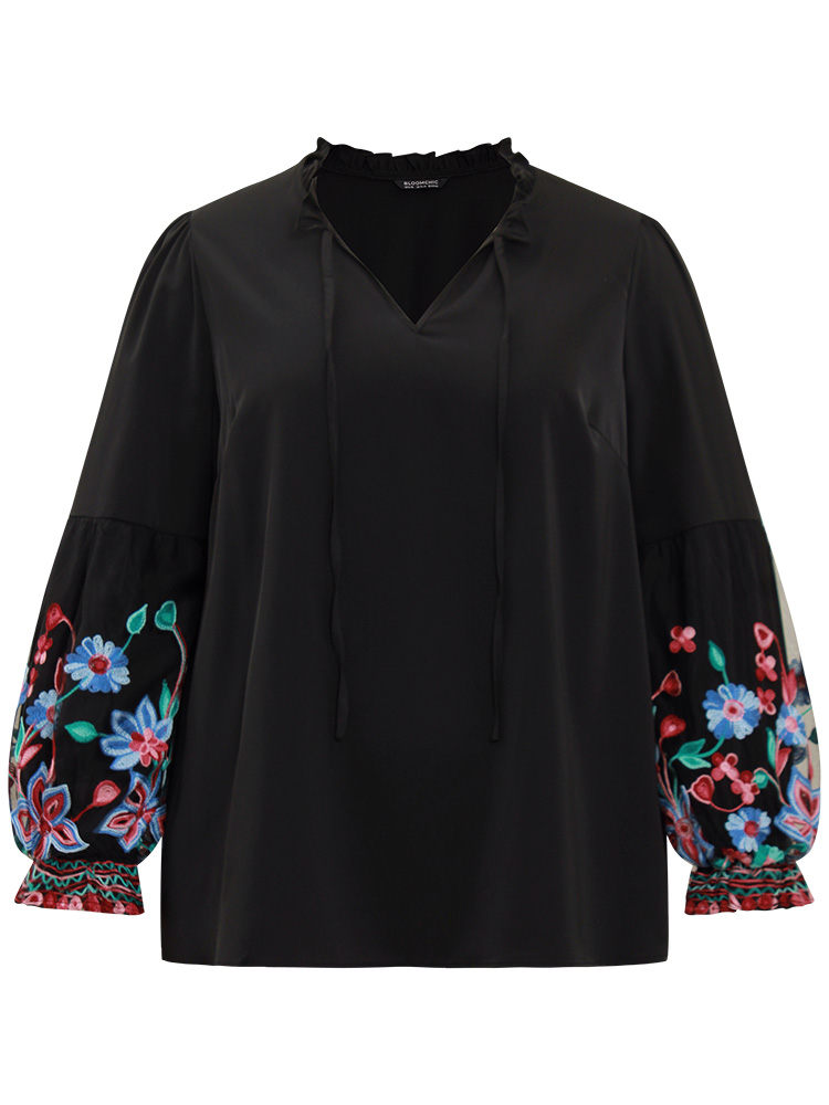 Plus Size Black Floral Embroidered Mesh Tie Neck Ruffles Blouse Women Elegant Long Sleeve Tie Neck Party Blouses BloomChic 18-20/2X 