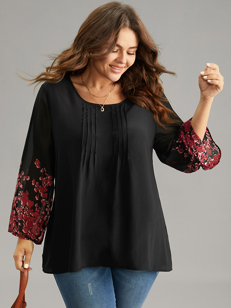 

Plus Size Black Boho Print Pleated Mesh Ruffle Sleeve Blouse Women Vacation Long Sleeve Round Neck Dailywear Blouses BloomChic