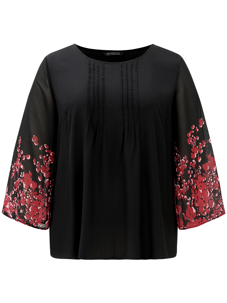 

Plus Size Black Boho Print Pleated Mesh Ruffle Sleeve Blouse Women Vacation Long Sleeve Round Neck Dailywear Blouses BloomChic