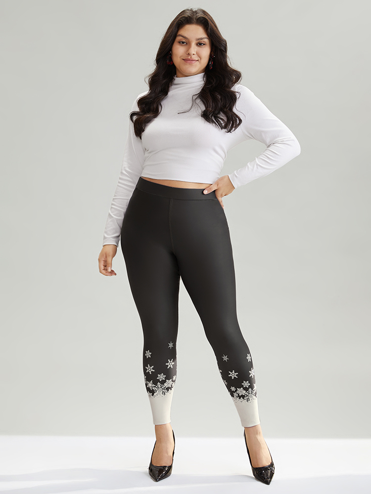 Plus Size Christmas Snowflake High Rise Skinny Leggings Women Black Elegant High stretch Skinny High Rise Festival-Christmas Leggings BloomChic 28/5X 