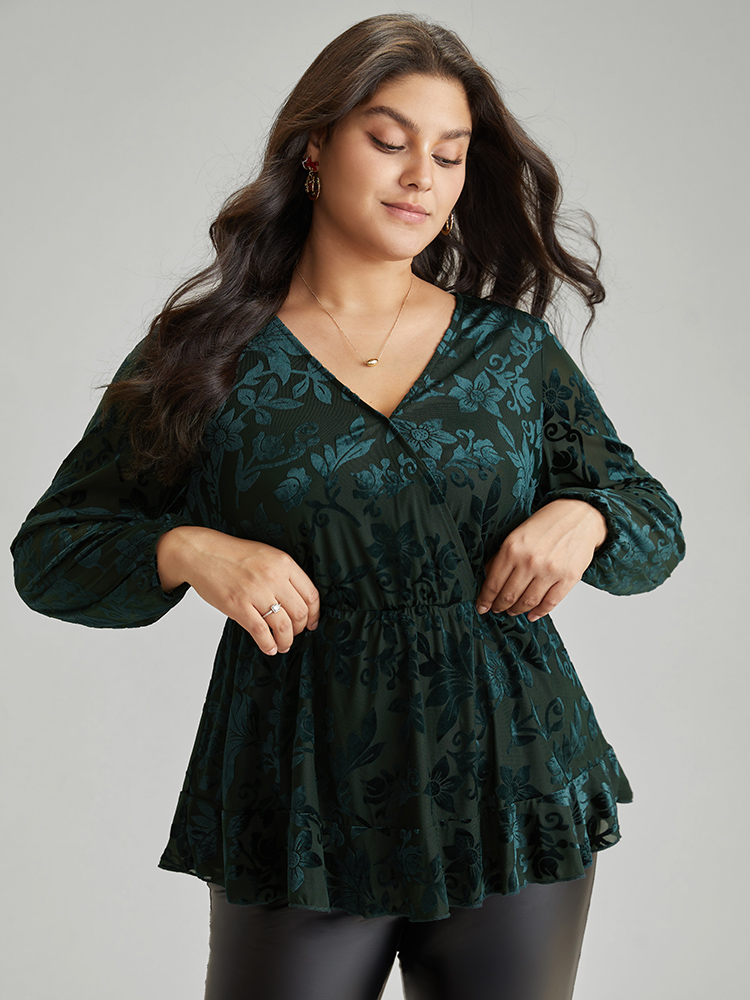 Plus Size DarkGreen Silhouette Floral Print Plain Velvet Texture Wrap Blouse Women Elegant Long Sleeve Overlap Collar Party Blouses BloomChic 28/5X 