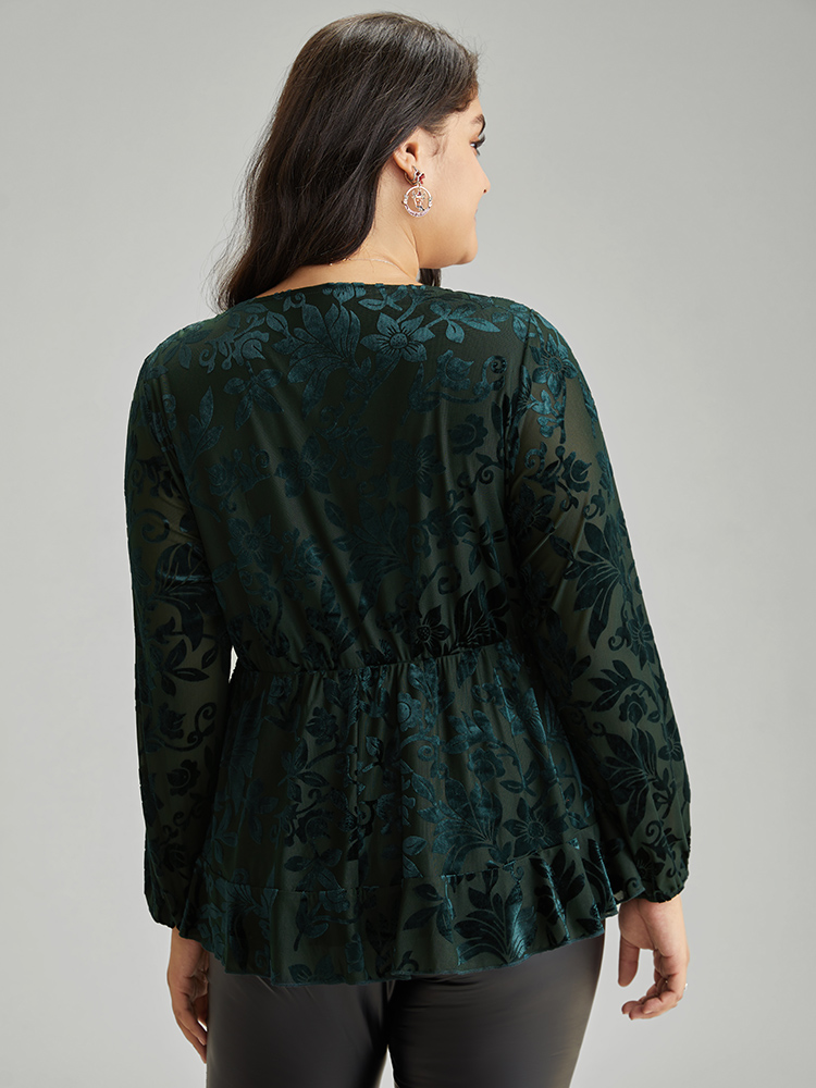 Plus Size DarkGreen Silhouette Floral Print Plain Velvet Texture Wrap Blouse Women Elegant Long Sleeve Overlap Collar Party Blouses BloomChic 28/5X 