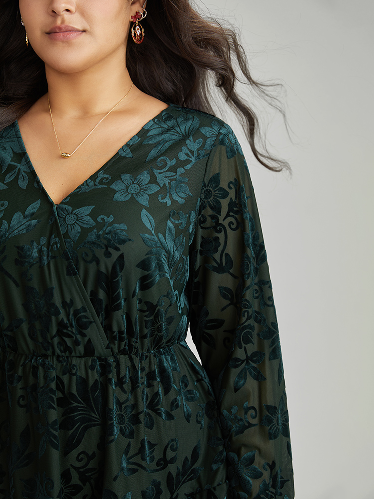 

Plus Size DarkGreen Silhouette Floral Print Plain Velvet Texture Wrap Blouse Women Elegant Long Sleeve Overlap Collar Party Blouses BloomChic