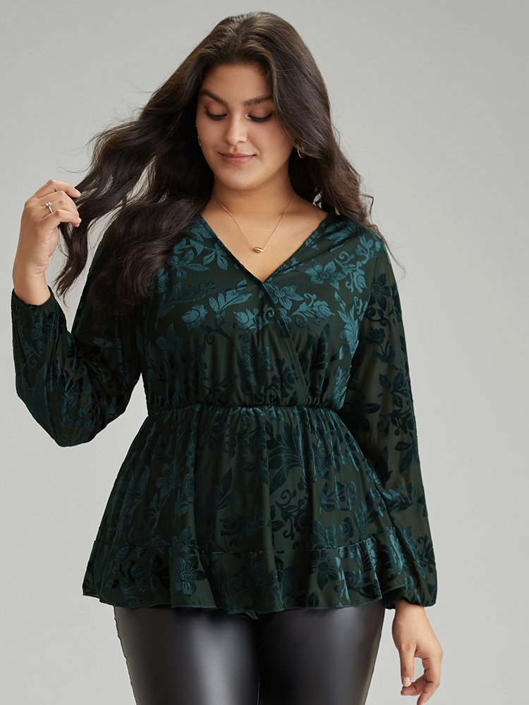 

Plus Size DarkGreen Silhouette Floral Print Plain Velvet Texture Wrap Blouse Women Elegant Long Sleeve Overlap Collar Party Blouses BloomChic