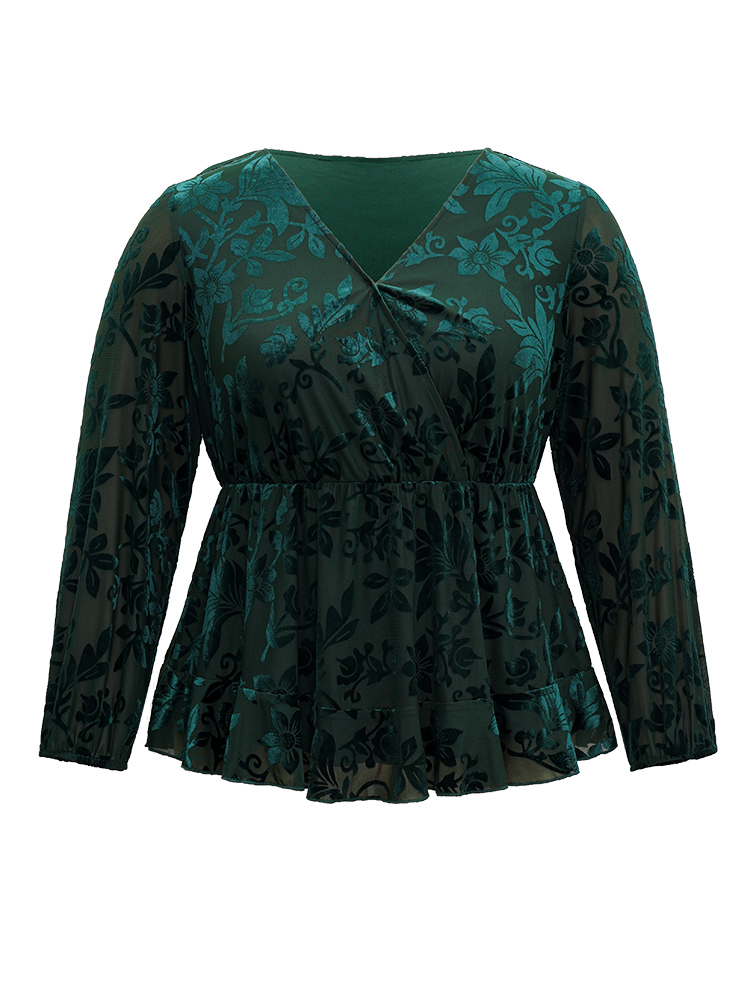 Plus Size DarkGreen Silhouette Floral Print Plain Velvet Texture Wrap Blouse Women Elegant Long Sleeve Overlap Collar Party Blouses BloomChic 28/5X 