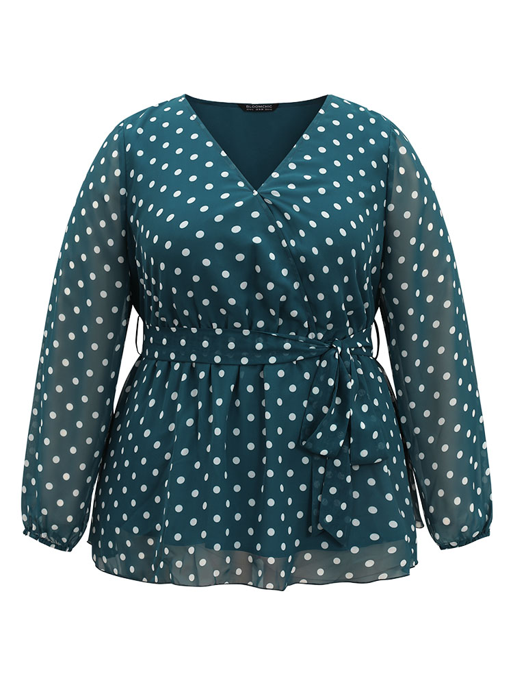 

Plus Size Cerulean Polka Dot Belted Wrap Mesh Patchwork Blouse Women Elegant Long Sleeve Overlap Collar Party Blouses BloomChic