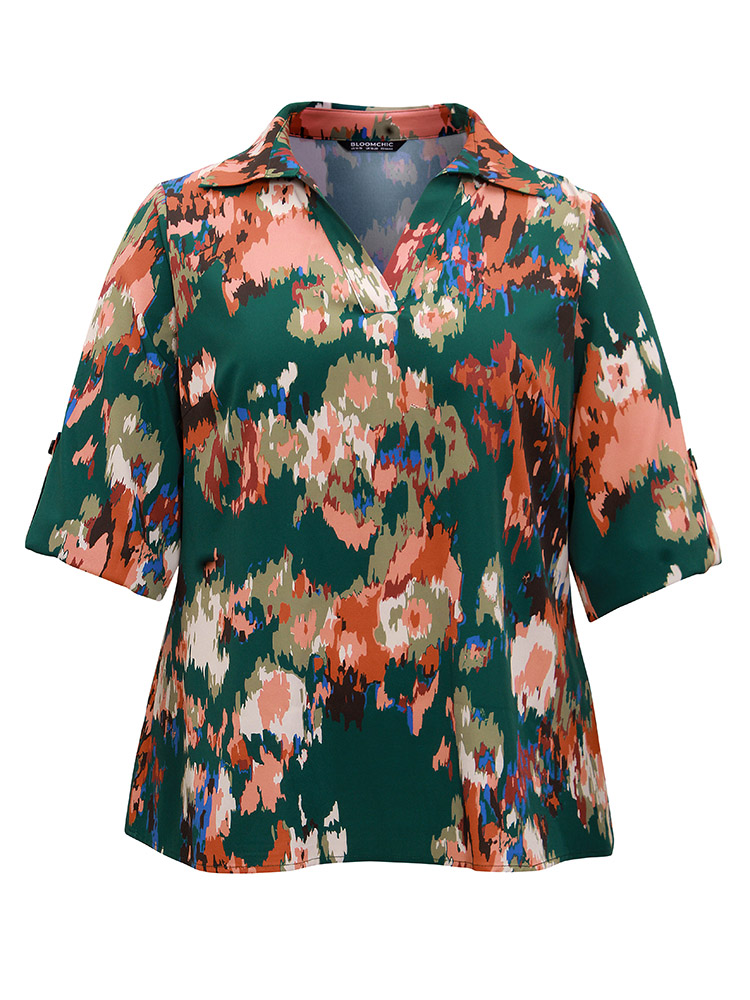 

Plus Size DarkGreen Pixel Flower Shirt Collar Tab Sleeve Blouse Women Glamour Elbow-length sleeve Shirt collar Party Blouses BloomChic
