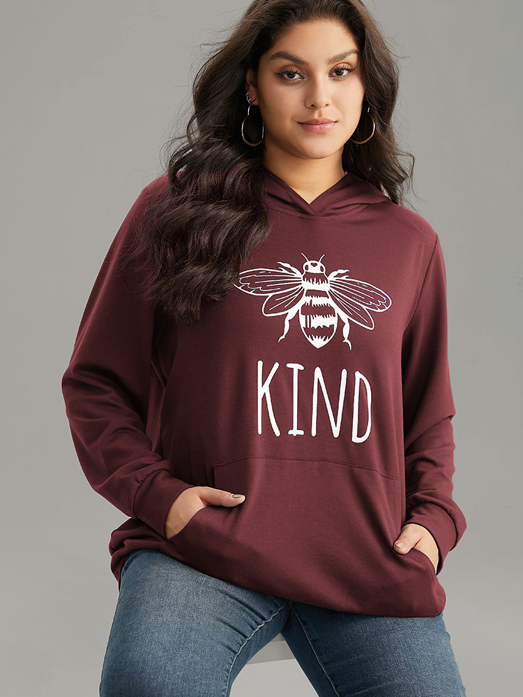 

Plus Size Bee Print Hooded Kangaroo Pocket Sweatshirt Women Burgundy Casual Printed Hooded Everyday Sweatshirts BloomChic