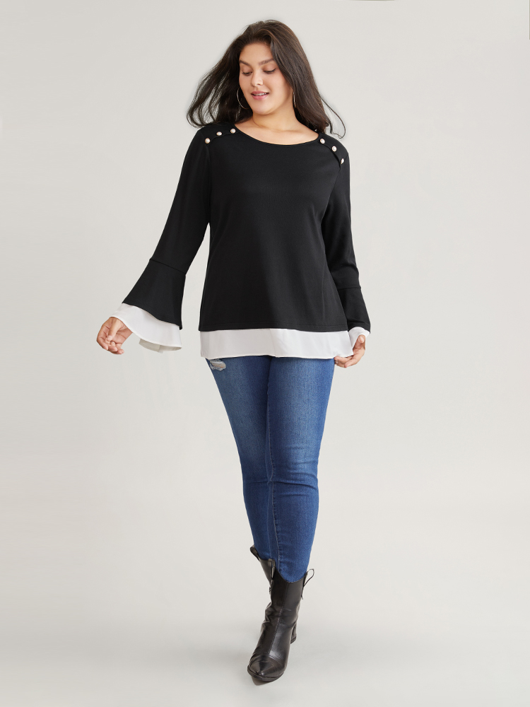 

Plus Size Contrast Tiered Bell Sleeve Button Detail T-shirt Black Round Neck Long Sleeve Casual Jersey Tops