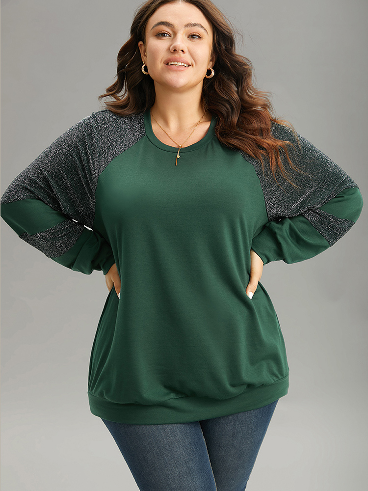 

Plus Size Luxe Patchwork Crew Neck Raglan Sleeve Sweatshirt Women DarkGreen Elegant Patchwork Round Neck Festival-Christmas Sweatshirts BloomChic