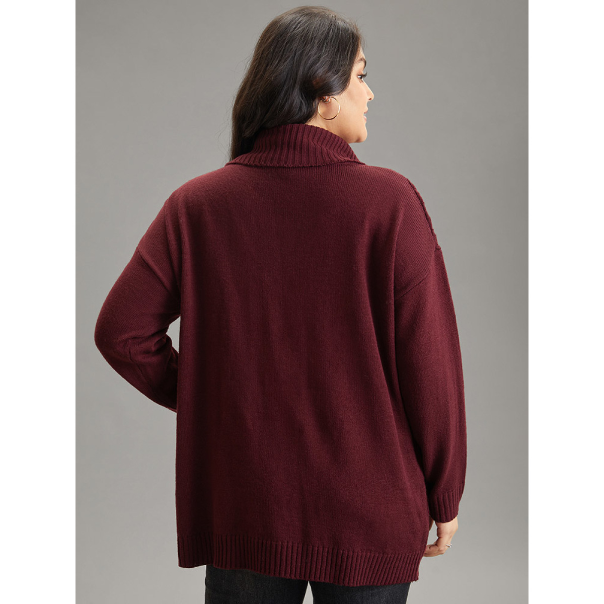 

Plus Size Cable Knit Patched Pocket Turtle Neck Pullover Burgundy Women Casual Loose Long Sleeve Turtleneck Dailywear Pullovers BloomChic