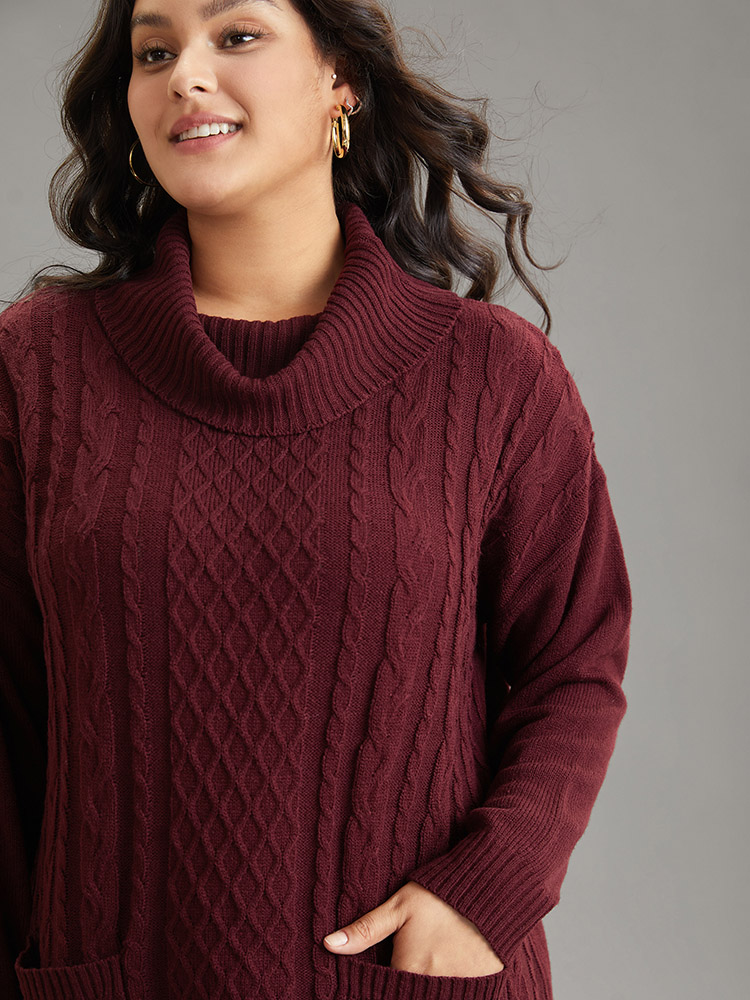 

Plus Size Cable Knit Patched Pocket Turtle Neck Pullover Burgundy Women Casual Loose Long Sleeve Turtleneck Dailywear Pullovers BloomChic