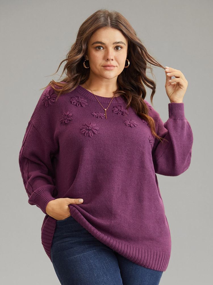 

Plus Size Plisse Floral Solid Elastic Cuffs Pullover Purple Women Casual Loose Long Sleeve Round Neck Dailywear Pullovers BloomChic