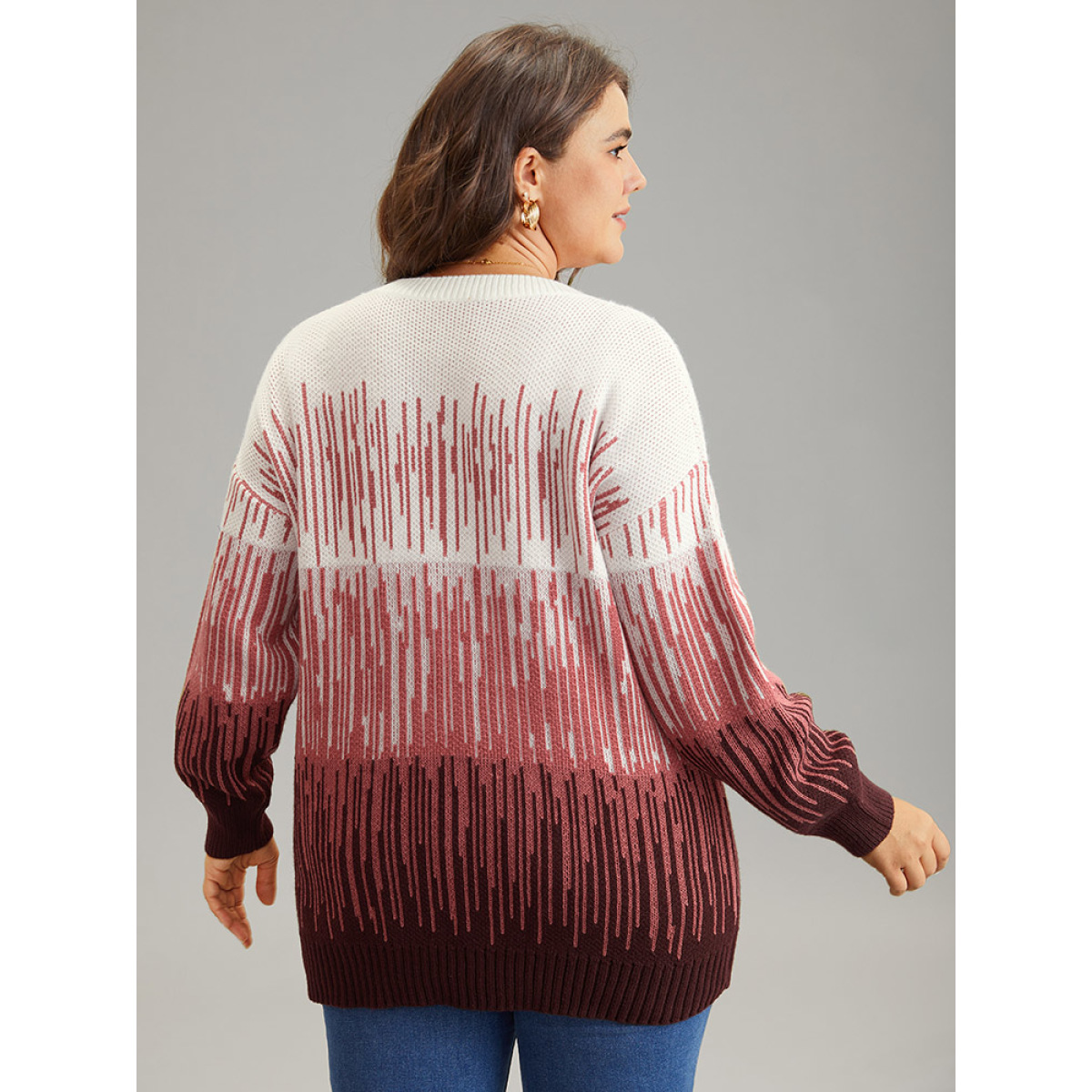 

Plus Size Geometric Colorblock Crew Neck Pullover Burgundy Women Casual Loose Long Sleeve Round Neck Dailywear Pullovers BloomChic